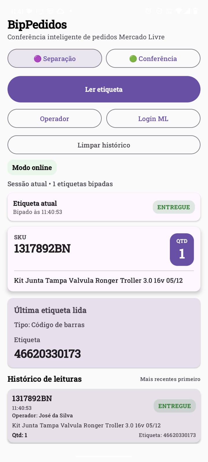 Print da tela do BipPedidos mostrando conferência de pedido